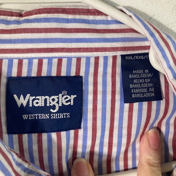 Mens Wrangler Western Pearl Snap Striped Shirt Red White Blue 2XL Cotton Polyest - Picture 9 of 11
